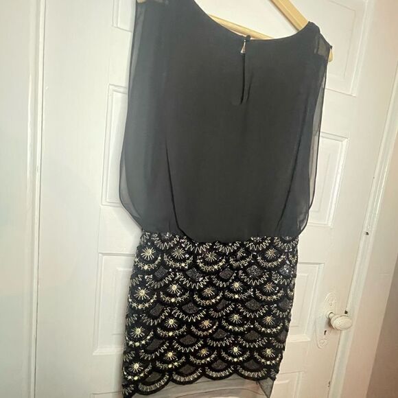 Aidan Mattox Black Stretch Lace Beaded Blouson Dress Size 4 - Picture 9 of 16